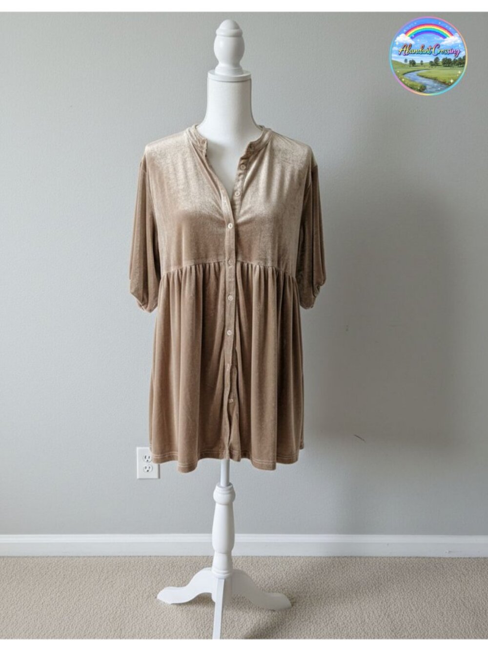Womens Velvet Button Down Tunic Top 3/4 Sleeve Babydoll Mini Dress